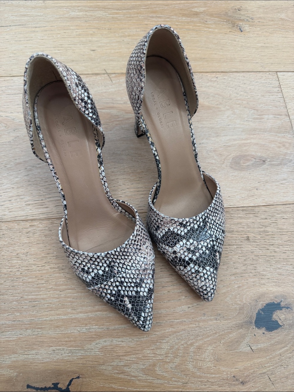 Able Snake-Print Pointed D'Orsay Heels in Beige and Black